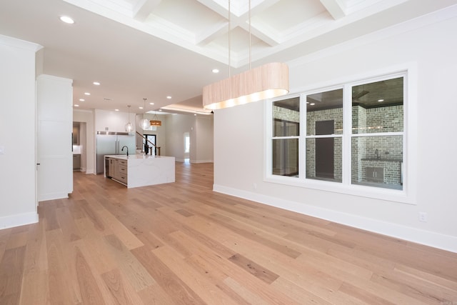 219 Abington Cir, Little Rock, AR 72223 - unfurnished living room featuring recessed lighting, light wood finished floors, beamed ceiling, coffered ceiling, and baseboards
