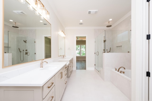 219 Abington Cir, Little Rock, AR 72223 - bathroom featuring a shower stall, visible vents, crown molding, and a sink