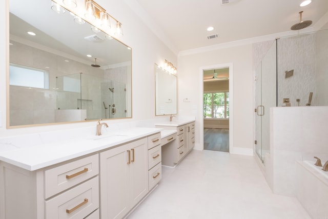 219 Abington Cir, Little Rock, AR 72223 - bathroom with visible vents, a stall shower, and ornamental molding