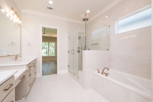 219 Abington Cir, Little Rock, AR 72223 - bathroom featuring vanity, visible vents, recessed lighting, a stall shower, and a garden tub