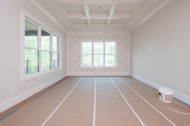 219 Abington Cir, Little Rock, AR 72223 - spare room featuring coffered ceiling, beamed ceiling, baseboards, and plenty of natural light