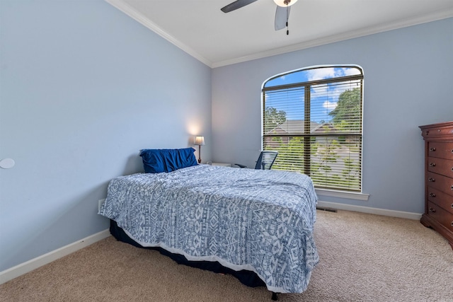 109 Sandstone Cv, Sherwood, AR 72120 - bedroom with light colored carpet, ceiling fan, baseboards, and crown molding