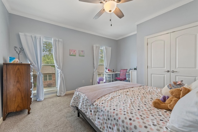 109 Sandstone Cv, Sherwood, AR 72120 - bedroom with light carpet, a closet, crown molding, baseboards, and ceiling fan