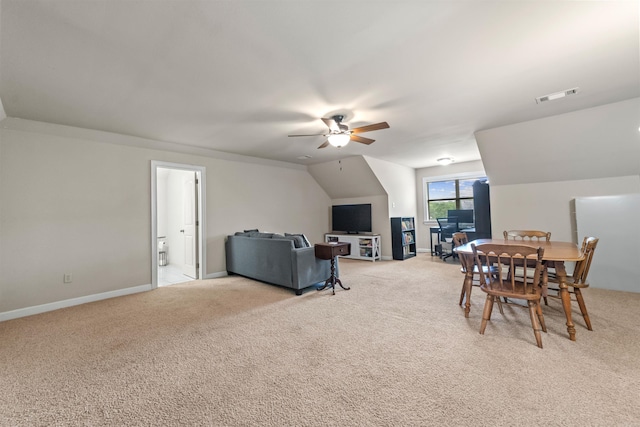 109 Sandstone Cv, Sherwood, AR 72120 - dining space featuring vaulted ceiling, visible vents, a ceiling fan, baseboards, and light colored carpet