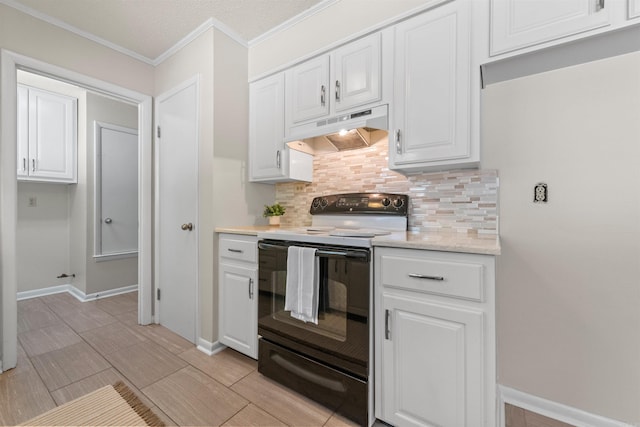 8302 Merriwood Ct, Sherwood, AR 72120 - kitchen with white cabinetry, decorative backsplash, black / electric stove, crown molding, and under cabinet range hood