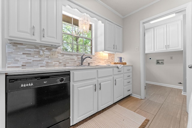 8302 Merriwood Ct, Sherwood, AR 72120 - kitchen with tasteful backsplash, dishwasher, white cabinetry, light countertops, and ornamental molding