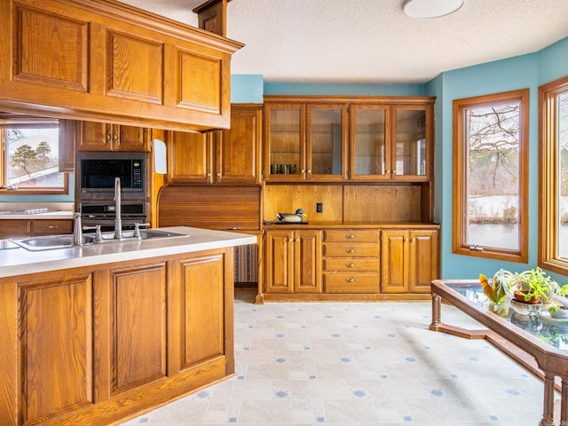 kitchen featuring brown cabinets, glass insert cabinets, and a wealth of natural light