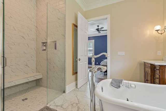 ensuite bathroom with crown molding, a stall shower, vanity, marble finish floor, and a soaking tub