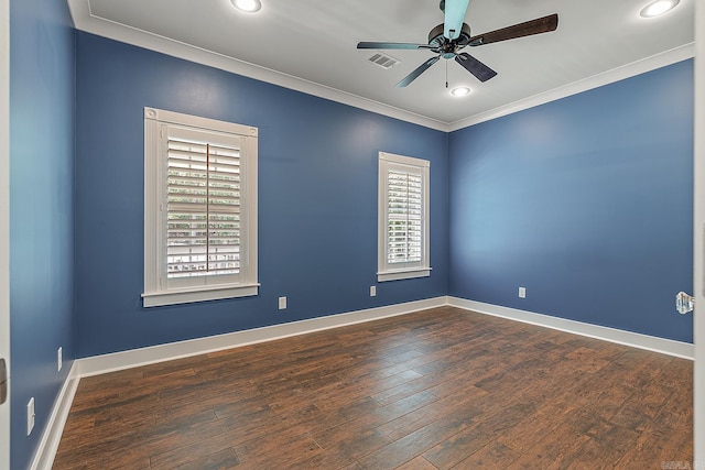 unfurnished room with recessed lighting, visible vents, a ceiling fan, crown molding, and hardwood / wood-style flooring