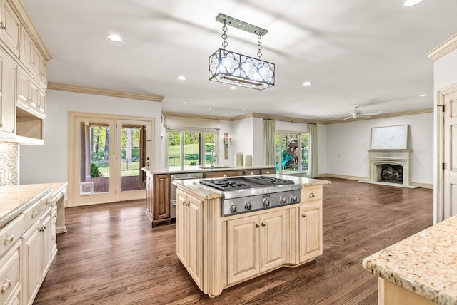 kitchen with a center island, crown molding, stainless steel appliances, a fireplace, and recessed lighting