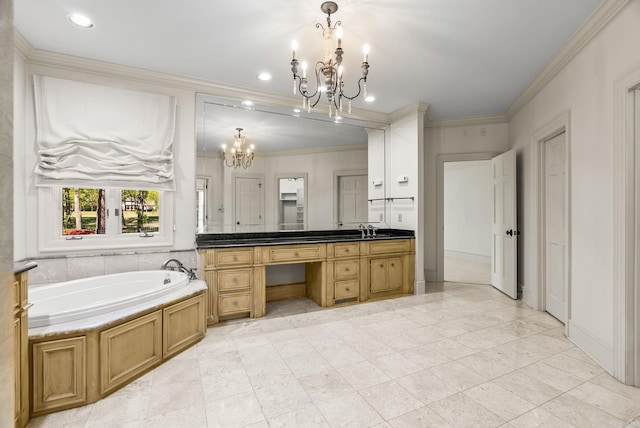 full bathroom with recessed lighting, vanity, ornamental molding, a chandelier, and a garden tub