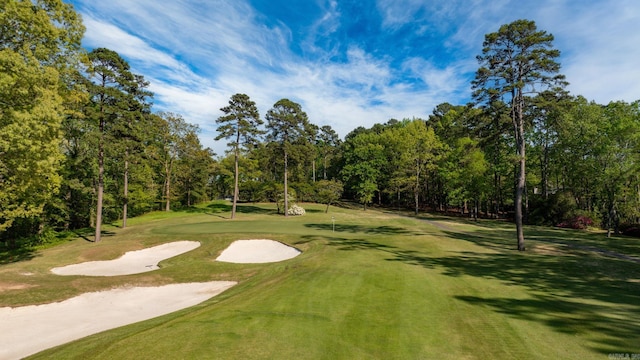 view of community with a yard and view of golf course