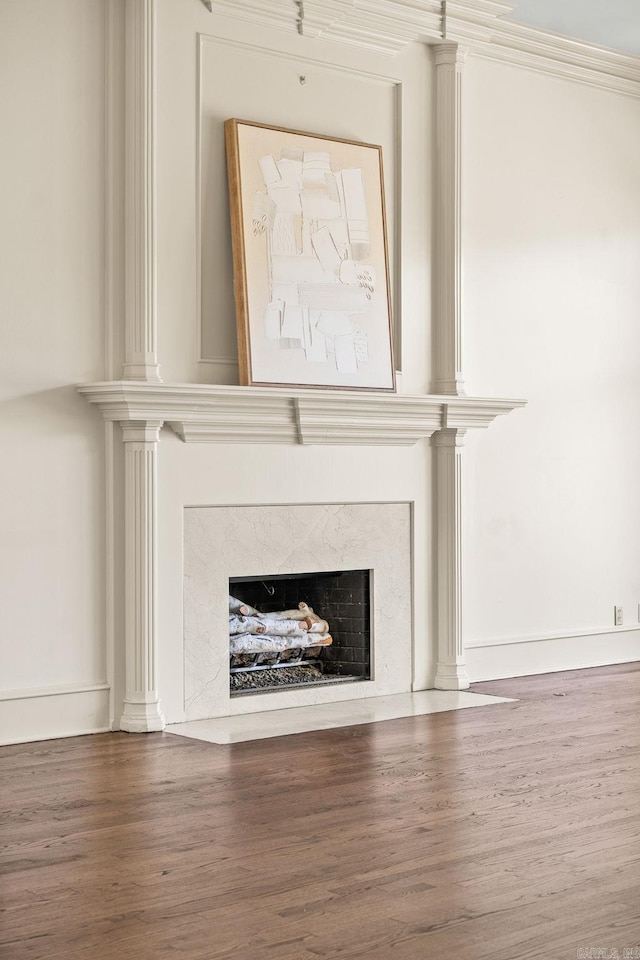 room details with wood finished floors and a high end fireplace
