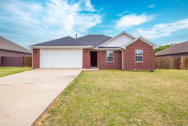 ranch-style home with a front lawn, concrete driveway, fence, brick siding, and an attached garage