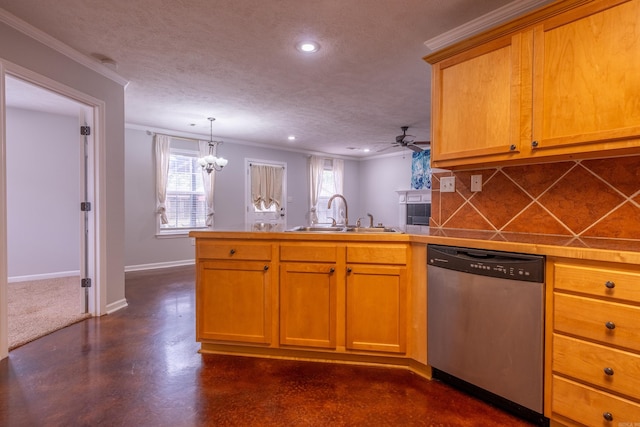 kitchen with a peninsula, stainless steel dishwasher, a sink, and crown molding