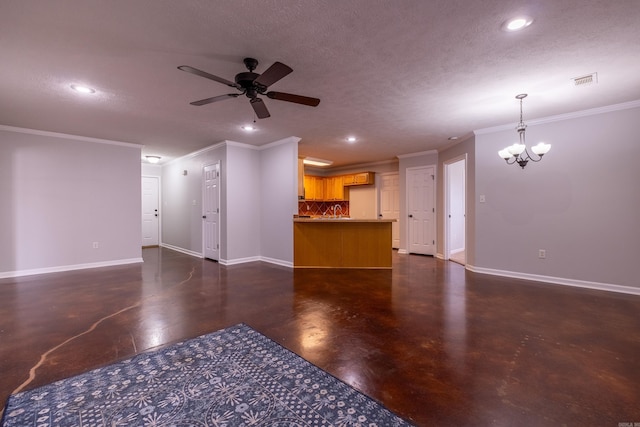 unfurnished living room with concrete flooring, ornamental molding, and recessed lighting