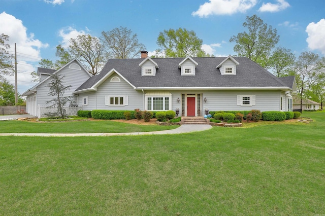 cape cod home with a chimney and a front lawn