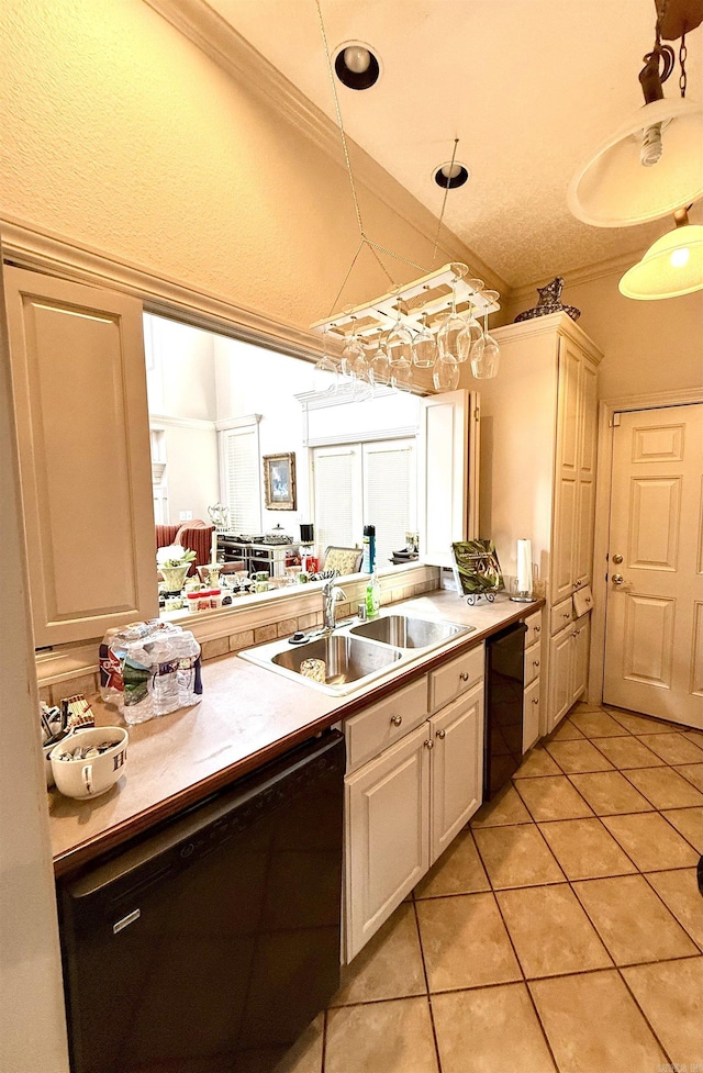 2308 Saxony Blvd, Searcy, AR 72143 - kitchen with a sink, black dishwasher, crown molding, light countertops, and light tile patterned floors