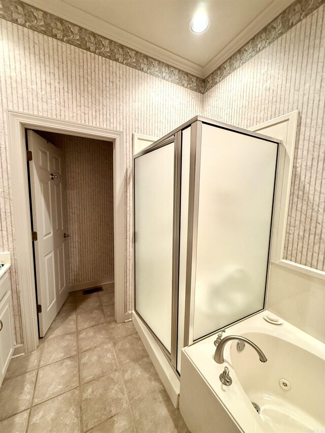 2308 Saxony Blvd, Searcy, AR 72143 - bathroom with wallpapered walls, a whirlpool tub, visible vents, crown molding, and a stall shower