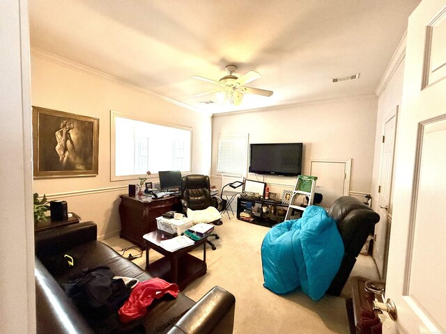 2308 Saxony Blvd, Searcy, AR 72143 - carpeted living room featuring visible vents, ceiling fan, and crown molding