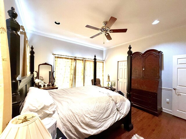 2308 Saxony Blvd, Searcy, AR 72143 - bedroom featuring dark wood-style flooring, recessed lighting, ceiling fan, and crown molding