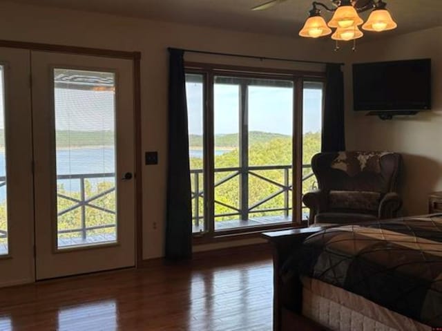 bedroom featuring multiple windows, wood finished floors, and a chandelier