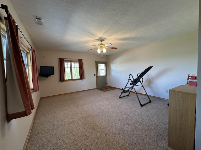 workout area with light colored carpet, visible vents, ceiling fan, and baseboards