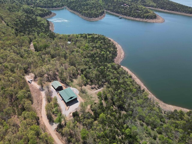 birds eye view of property with a water view and a view of trees