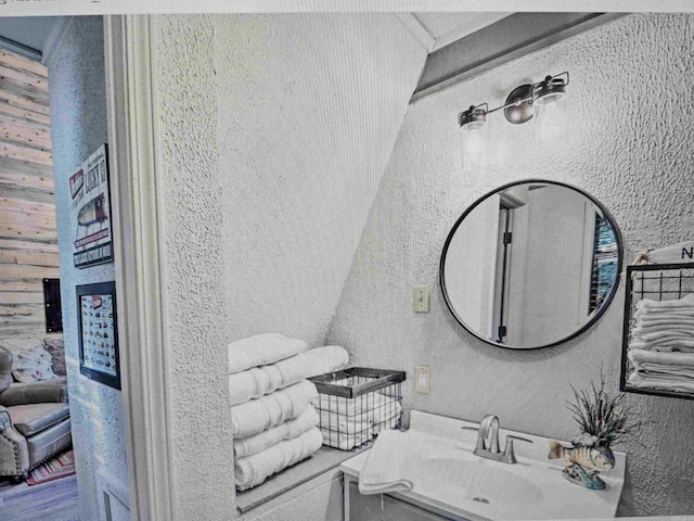 bathroom featuring a textured wall and a sink
