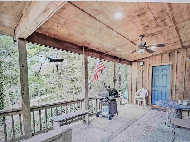 view of patio / terrace featuring a wooden deck, area for grilling, and ceiling fan