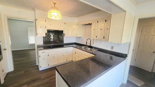 609 Liberty, Marked Tree, AR 72365 - kitchen featuring under cabinet range hood, a sink, decorative backsplash, a peninsula, and dark wood-style flooring