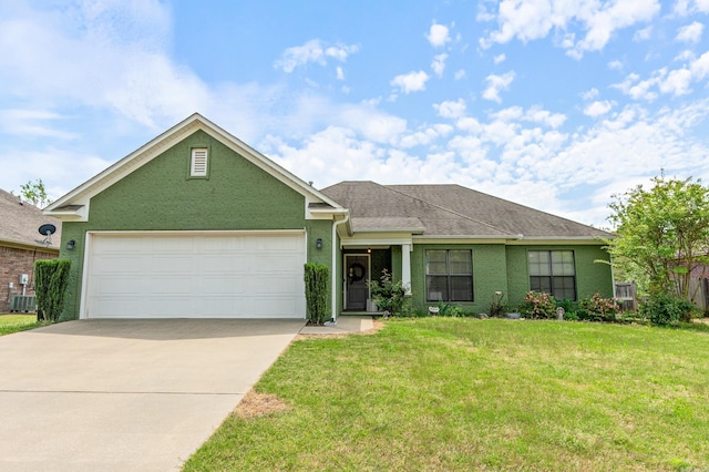 single story home featuring a front lawn, driveway, a shingled roof, an attached garage, and cooling unit