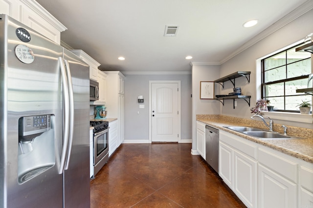 kitchen featuring stainless steel appliances, open shelves, visible vents, a sink, and concrete floors