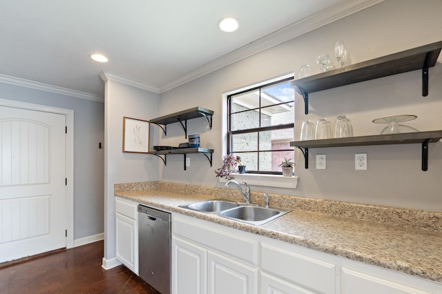 kitchen with light countertops, a sink, open shelves, dishwasher, and ornamental molding