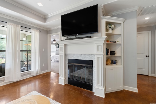 living room with baseboards, a fireplace, recessed lighting, and ornamental molding