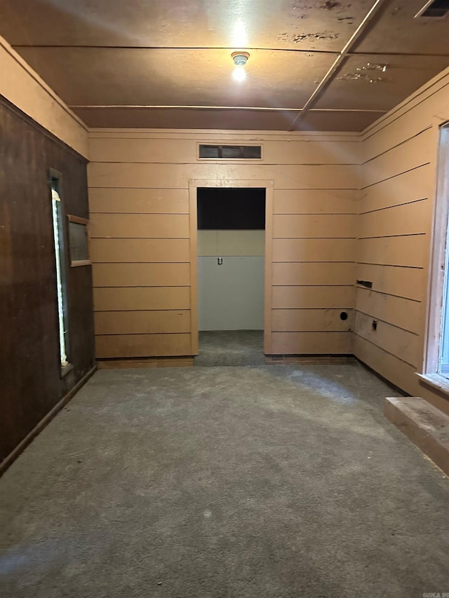 spare room with wooden walls and carpet floors