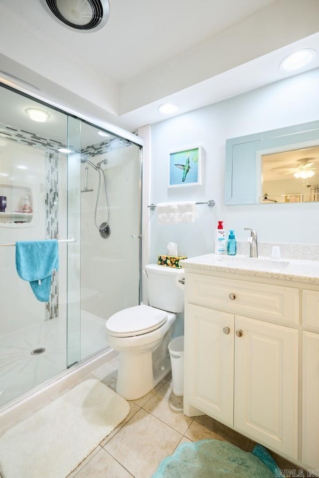 full bathroom with vanity, tile patterned flooring, a shower stall, and toilet