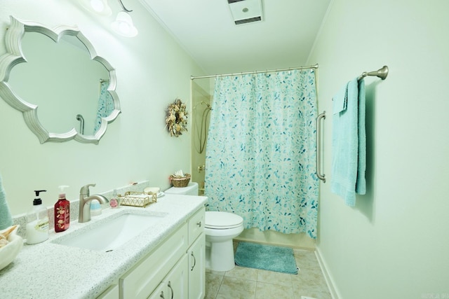 full bathroom featuring shower / bath combination with curtain, tile patterned floors, vanity, and toilet