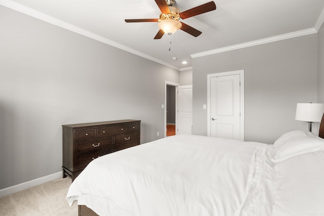 bedroom with light carpet, baseboards, recessed lighting, a ceiling fan, and ornamental molding