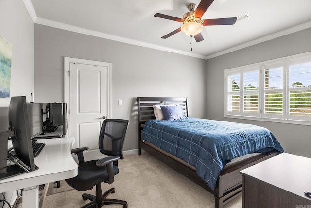bedroom featuring light carpet, baseboards, visible vents, ceiling fan, and crown molding