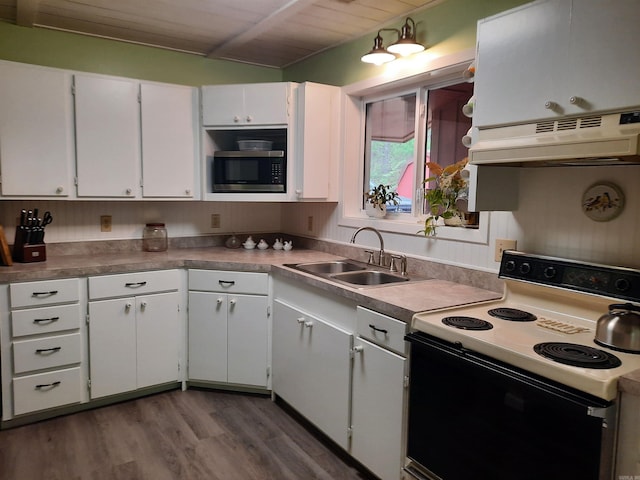 3986 Oak Grove Loop, Mountain View, AR 72560 - kitchen featuring under cabinet range hood, wooden ceiling, a sink, stainless steel microwave, and electric range