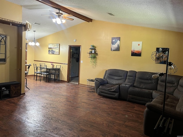 3223 Canal Dr, White Hall, AR 71602 - living area with lofted ceiling with beams, a textured ceiling, visible vents, ceiling fan with notable chandelier, and wood finished floors