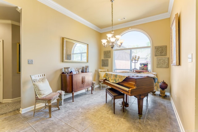 sitting room with visible vents, crown molding, baseboards, and an inviting chandelier