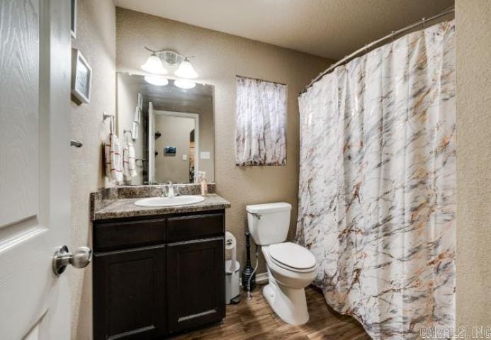 2104 Fern Valley Dr, Alexander, AR 72002 - bathroom with wood finished floors, toilet, vanity, and curtained shower