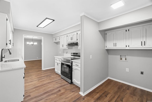 kitchen featuring a sink, electric stove, decorative backsplash, under cabinet range hood, and ornamental molding