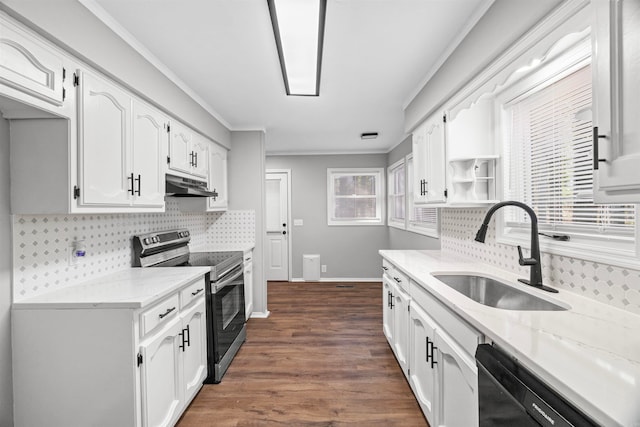 kitchen featuring a sink, stainless steel range with electric stovetop, light stone countertops, dishwasher, and under cabinet range hood