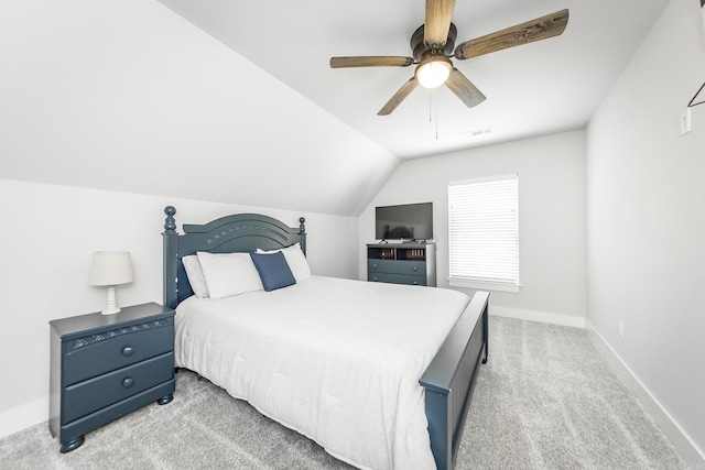 93 Pocahontas Ln, Greers Ferry, AR 72067 - bedroom featuring vaulted ceiling, visible vents, a ceiling fan, baseboards, and light colored carpet