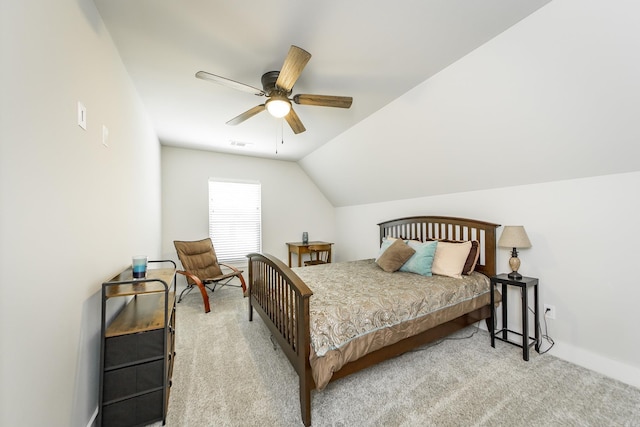 93 Pocahontas Ln, Greers Ferry, AR 72067 - carpeted bedroom featuring vaulted ceiling, visible vents, baseboards, and ceiling fan