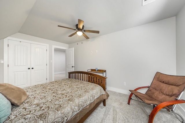 93 Pocahontas Ln, Greers Ferry, AR 72067 - carpeted bedroom featuring a closet, ceiling fan, baseboards, lofted ceiling, and visible vents