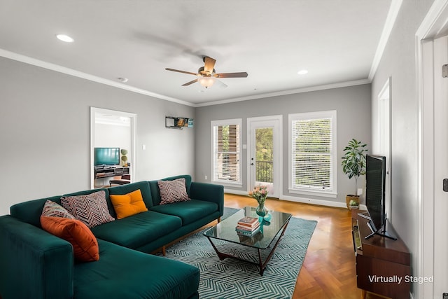 8908 Stillwater Rd, Sherwood, AR 72120 - living room with ceiling fan, baseboards, ornamental molding, and recessed lighting